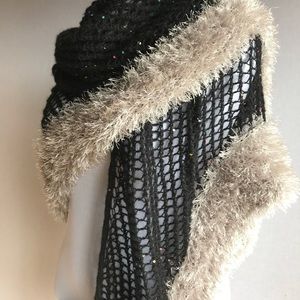 New Hand Knitted Shawl with Fur trim and sequins. Long scarf, Wrap.Gift for Her